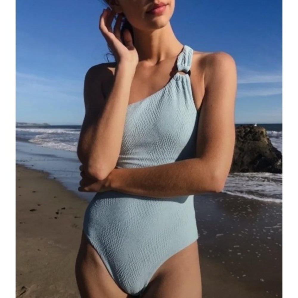 Onia Jenna One Piece Swimsuit Sterling Blue Croc Texture One Shoulder Large NEW
